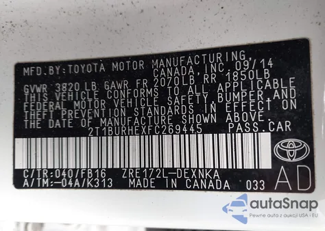 2015 Toyota Corolla Le from USA, damaged, VIN 2T1BURHEXFC269445